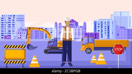 Construction worker sitting in front of vehicles. Yellow cones and warning tapes. Stop sign. City on background. Vector Stock Vector