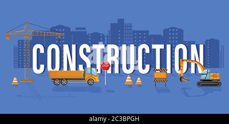 Construction logo template with office workers and architects develop team. Online brochure design Stock Vector