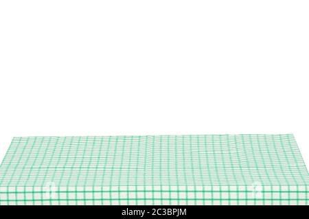 Empty table background. Empty wooden deck table covered with green white checkered tablecloth isolated on a white background. Space for your food and Stock Photo