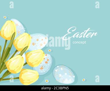 Easter eggs without decorations and yellow tulip flowers. Place for text. Vector Stock Vector