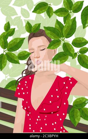 Young woman in red dress sitting on a bench and enjoying greenery. Vector Stock Vector