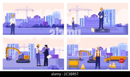 Vector set of construction workers with vehicles and buildings. Landlord, stop sign, cranes and contractors. Vector Stock Vector