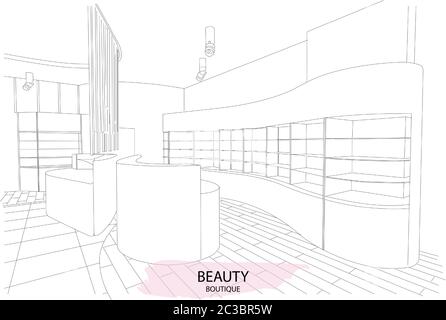 Beauty boutique interior outline sketch with modern design. Vector Stock Vector
