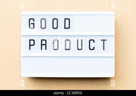 White lightbox with word good product on wood background Stock Photo