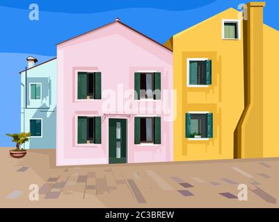 Colorful pink, blue and yellow buildings. Minimalistic style. Facade vector Stock Vector