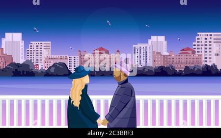 Romantic scene of a mature couple on bridge. Preparing to kiss. Pink colored background with city and flying birds. Love day vector Stock Vector