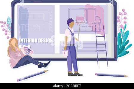 Construction Mobile app site template with smart phone full of icons. Future of labor. Woman browsing the applications online Stock Vector