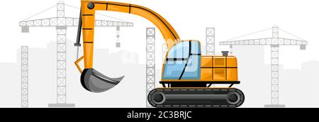Yellow excavator with crane on background. Construction vector Stock Vector