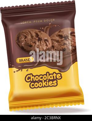 Chocolate cookies isolated vector realistic mock up. Declious dessert falling cookies with chocolate splash. 3d detailed product package Stock Vector