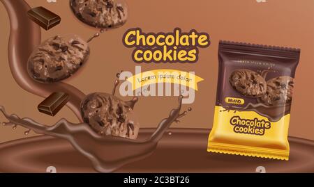 Chocolate cookies vector realistic mock up. Declious dessert falling cookies with chocolate splash. 3d detailed product package. label advertise pack Stock Vector