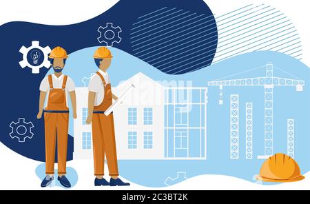 Group of architects visualising a blueprint that they draw. Wearing yellow clothes and helmet. Gears and fluid style design on background. Vector Stock Vector