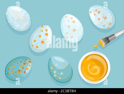 Easter Eggs with paint drops and dye brush. Blue vibrant background. Vector Stock Vector