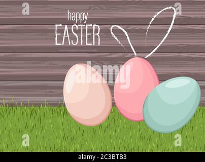 Happy easter colorful eggs on grass with wooden background. Vector Stock Vector