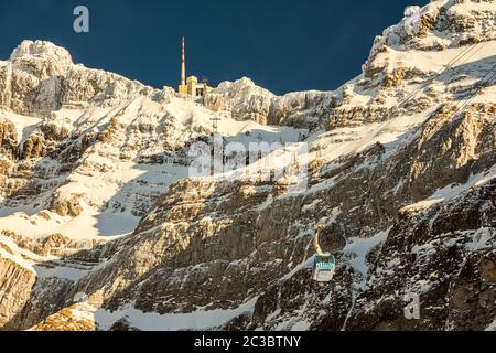 Gondola of the aerial tramway to the mountain Saentis in the Swiss Alps in winter, Canton of Appenzell Ausserrhoden, Switzerland Stock Photo