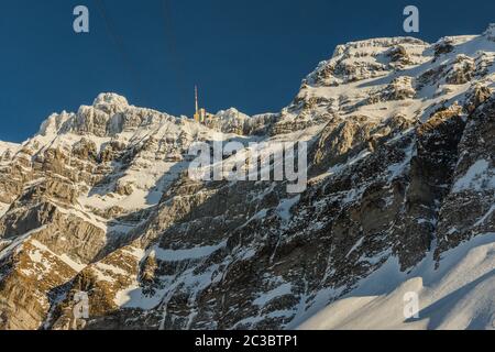 The SÃ¤ntis with summit station in Winter, Canton of Appenzell Ausserrhoden, Switzerland Stock Photo