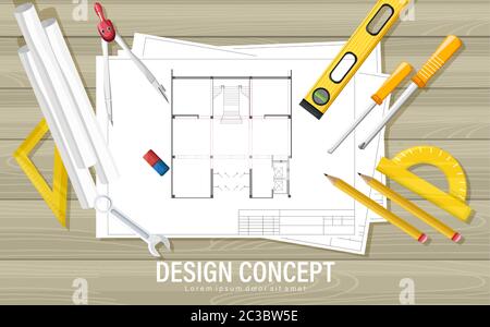 Blueprint design concept with architect tools on wooden table. Ruler, compass, screwdriver, spirit level, calculator, pencil and wrench. Stock Vector