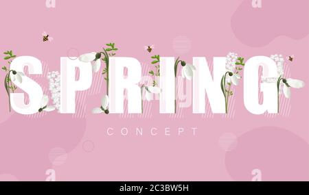 Spring banner with white snowdrops and lilac flowers. Rose background. Vector Stock Vector