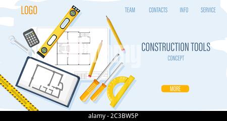 Construction site template with architect tools and blueprint. Ruler, screwdriver, spirit level, calculator, pencil and wrench. Yellow warning tape. V Stock Vector