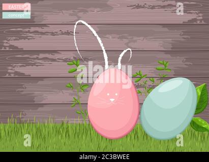 Happy easter colorful eggs on grass with wooden background. Green leaves growing. Vector Stock Vector