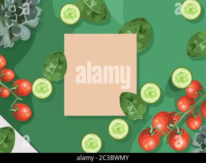 Ecological products composition with branch of red tomatoes, spinach and cucumbers. Place for text. Vector Stock Vector
