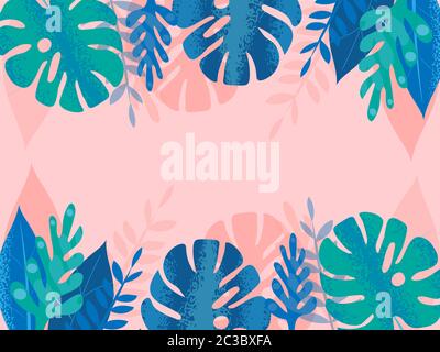 Colorful blue and green tropical leaves with dotted lines on pink background. Place for text in center Vector Stock Vector