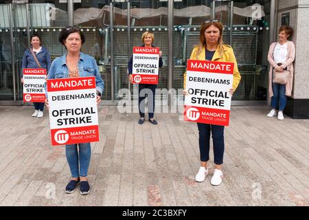 Cork, Ireland. 19th June, 2020. Pictured (LToR) are Valarie Conolon and Madeline Whelan. Former Debenhams Workers Strike, St Patricks Street, Cork City. Former Debanhams workers assembled once again today outside of the Debanhams Patricks Street store to protest in hopes of recieving a fair redundancy package. Support was shown by much of the public and some City Councillors and TDS. Credit: Damian Coleman/Alamy Live News Stock Photo