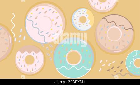 Colorful donuts set with sugar strands on beige background. Big and small size. Vector Stock Vector