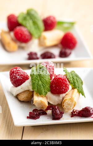 raspberry tiramisu on a plate Stock Photo