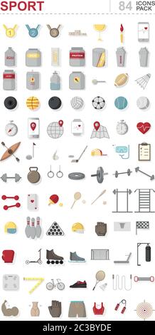 Sport icons pack with medals, protein, equipment, football, dumbbells, heart rate watch and clothes. Vector Stock Vector