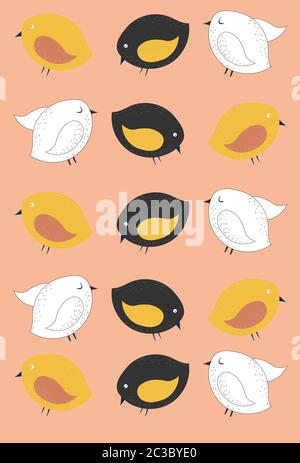 Pattern of random colored chicks on pink background. Vector Stock Vector