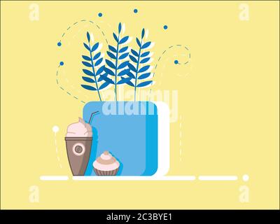 Flat style cup of coffee with whipped cream and cupcake. Blue flowers pot. Yellow background Stock Vector