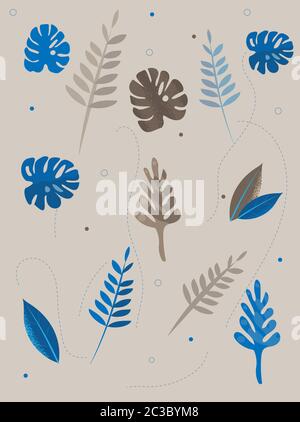 Colorful blue and gray tropical leaves with dotted lines on background. Vector Stock Vector