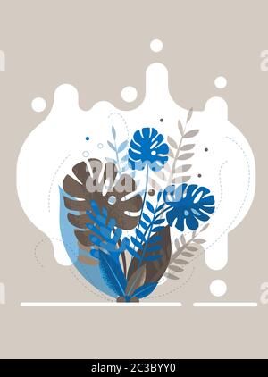 Colorful blue and gray tropical leaves with splashed background. Vector Stock Vector