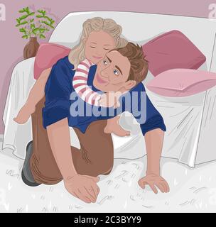 Senior woman playing with her nephew in a cozy house near sofa. Vector Stock Vector