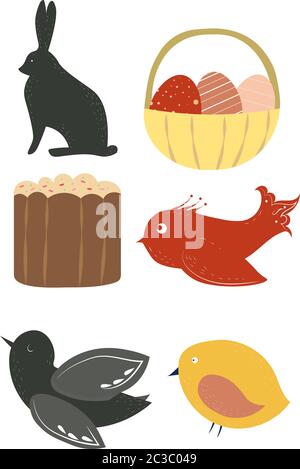 Set of Easter related images: birds, rabbit, easter bread and a basket full of eggs. Vector Stock Vector