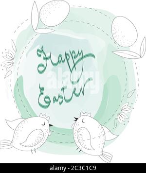 Composition of two chicks two eggs and spring flowers in an abstract shape circle. Watercolors. Vector Stock Vector