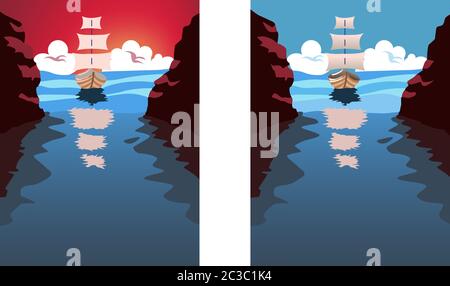 Big sail boat approaching a strait. Blue water and clouds in the sky. Holiday, vacation idea. Vector set with different colors Stock Vector