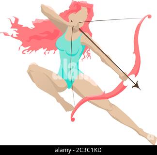 Cupid woman in turquoise clothes with pink hair shooting from a bow. Vector Stock Vector