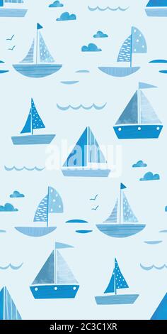 Watercolor sailboat seamless pattern, kids and baby sailboat pattern, nautical boat pattern Stock Vector