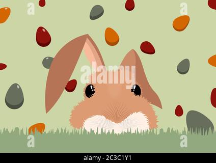 Fluffy orange bunny hiding in green grass. Colorful eggs on background. Happy easter Vector Stock Vector