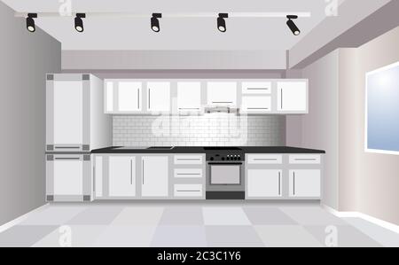 Three dimensional modern white color kitchen with fridge, stove and large space. vector Stock Vector