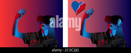 Girl in virtual reality helmet touching with fingers love icon. Love day idea Vector Stock Vector