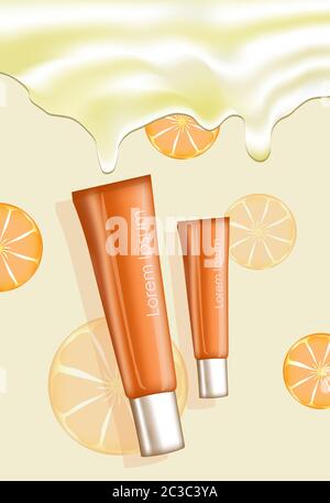Illustration of two orange cream tubes with place for text on oranges pattern and cream background. Vector Stock Vector