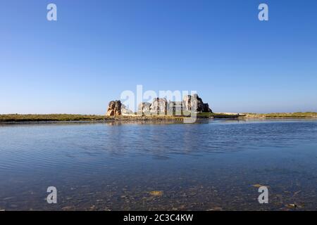 famous house on the rocks at ploumenach, cote de granit rose, cotes d'armor brittany, france Stock Photo