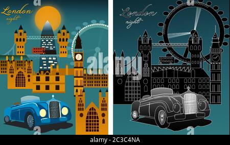 Set of London city at night with famous city landmarks, big ben, millennium wheel. Line art. Vector Stock Vector
