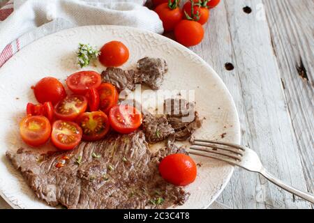 Thin slice of Grilled Machete Steak or Skirt Steak close up Stock Photo