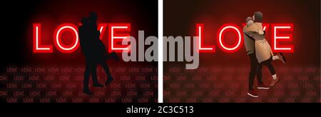 Young couple hugging each other with red love neon sign on background. Vector Stock Vector