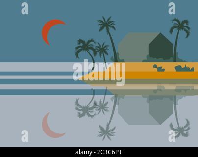 Beach at dawn with palm trees and orange moon in the sky. Island reflecting on water. Vector Stock Vector