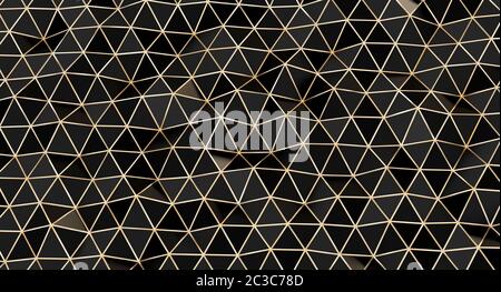 minimalist black triangular mosaic with gold lines. 3d render image. abstract geometric background. Stock Photo