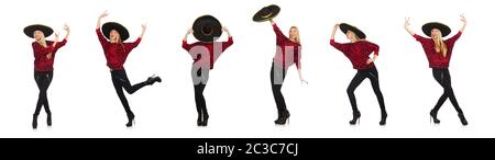 Funny mexican woman wearing sombrero isolated on white Stock Photo